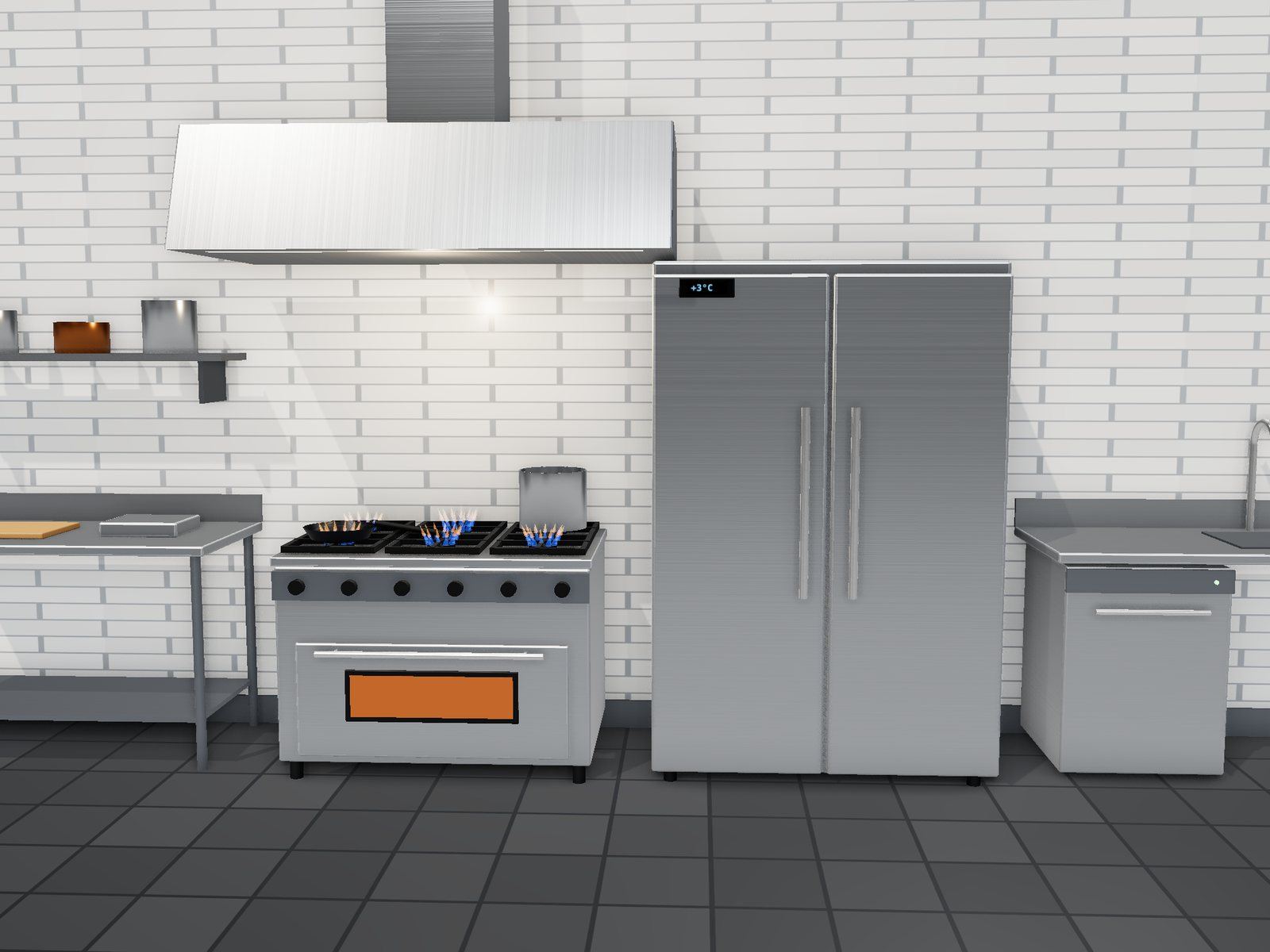 Fully equipped stainless steel commercial kitchen with range, extraction hood, refrigerator and prep tables